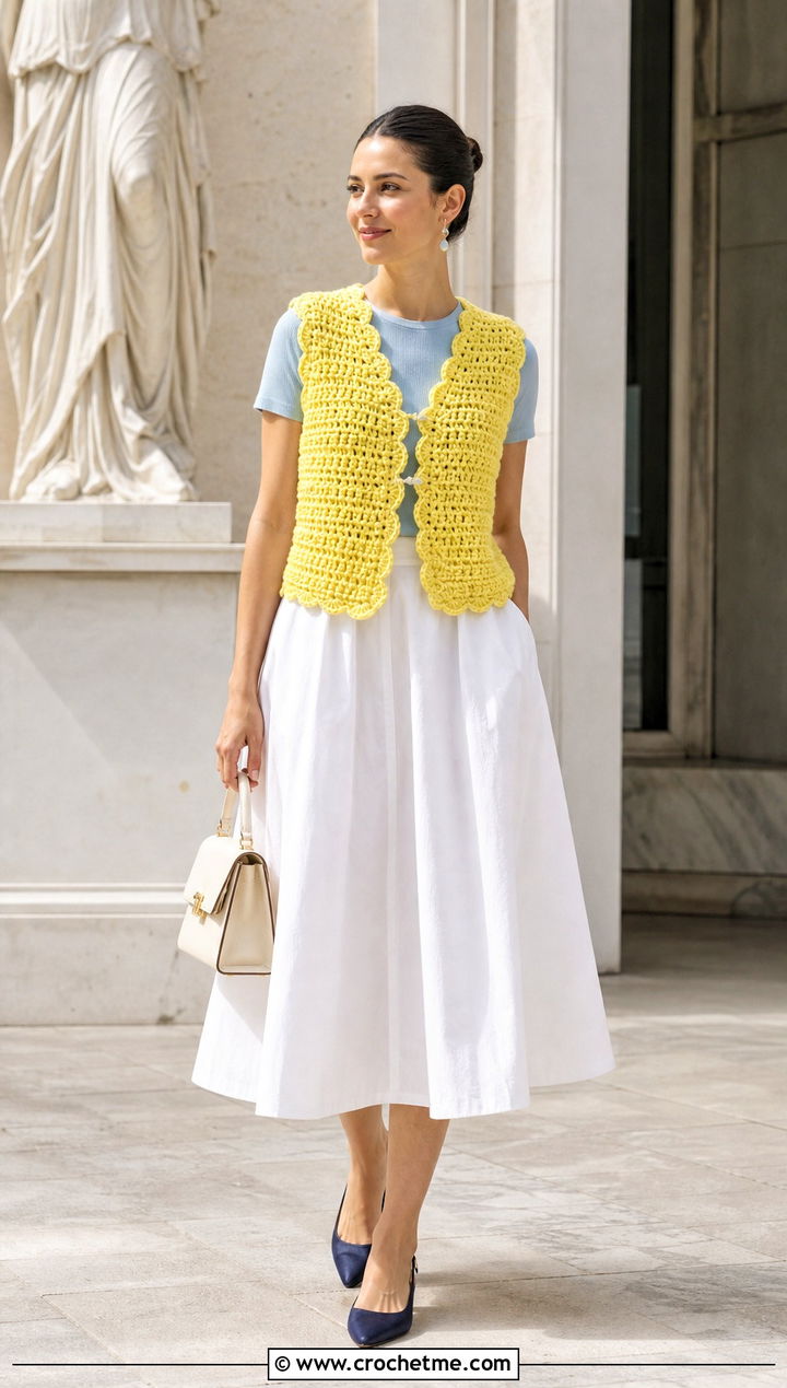 Scalloped Edge Chunky Crochet Vest With A Line Skirt - 30 crochet chunky vest outfit ideas