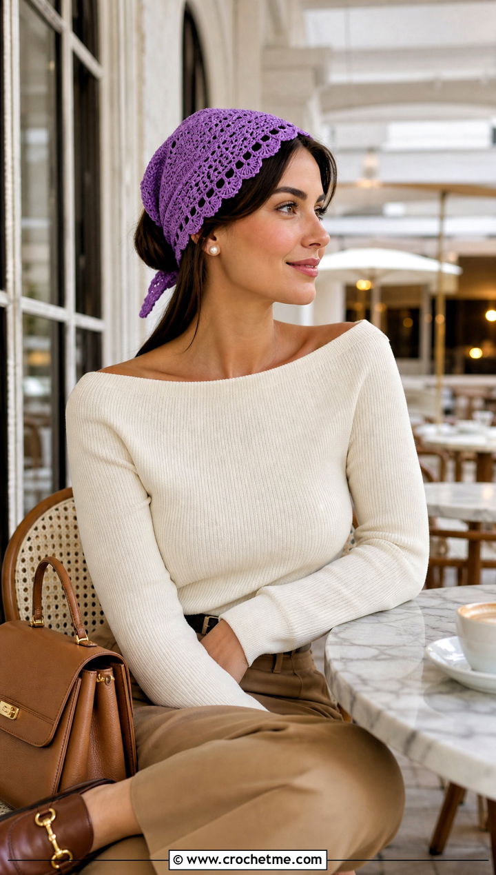 Scalloped Edge Crochet Bandana Hair Wrap With Pleated Trousers - 30 crochet hair wraps outfit ideas