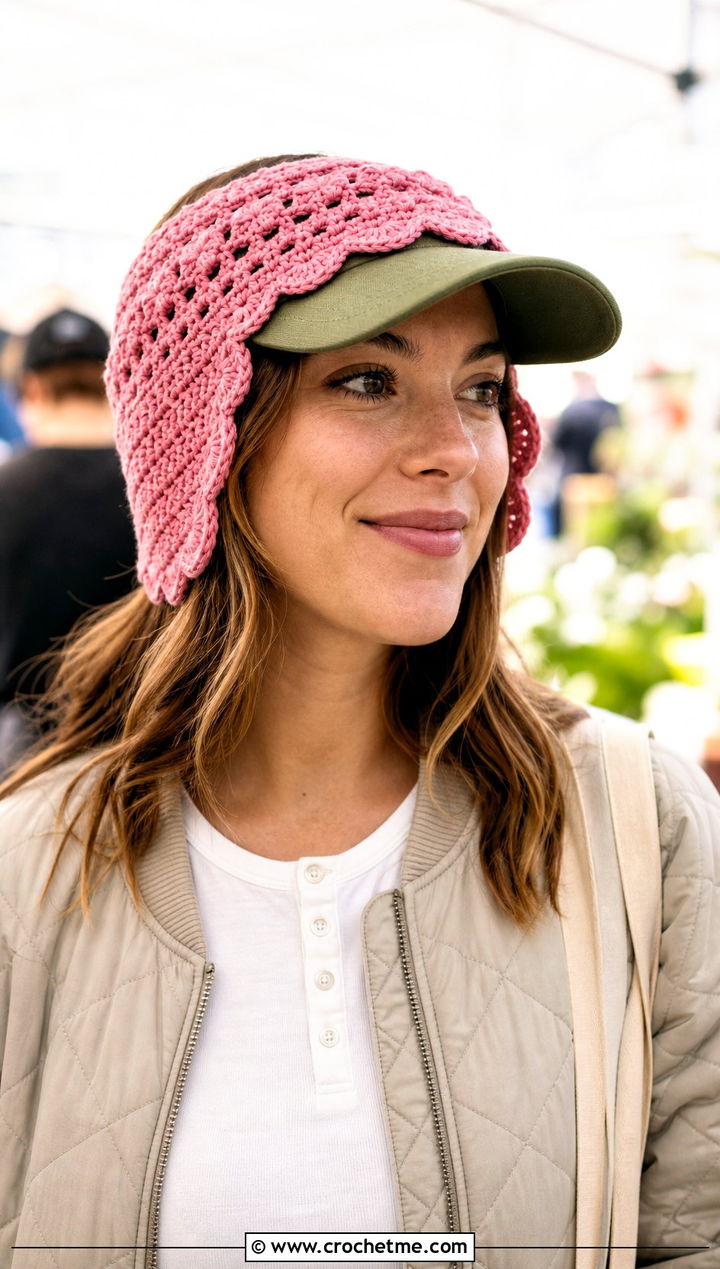 Scalloped Edge Crochet Baseball Hat Ear Warmer With Quilted Jacket - 25 Crochet Baseball Hat Ear Warmer outfit ideas