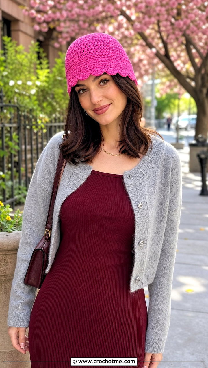 Scalloped Edge Crochet Beanie With Cardigan And Midi Dress - 20 Boho Crochet Beanie outfit ideas