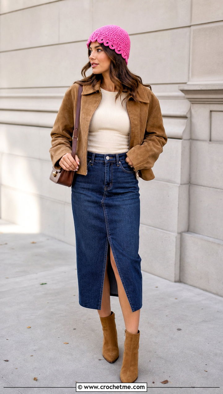 Scalloped Edge Crochet Beanie With Denim Midi Skirt - 35 cute crochet beanies outfit ideas