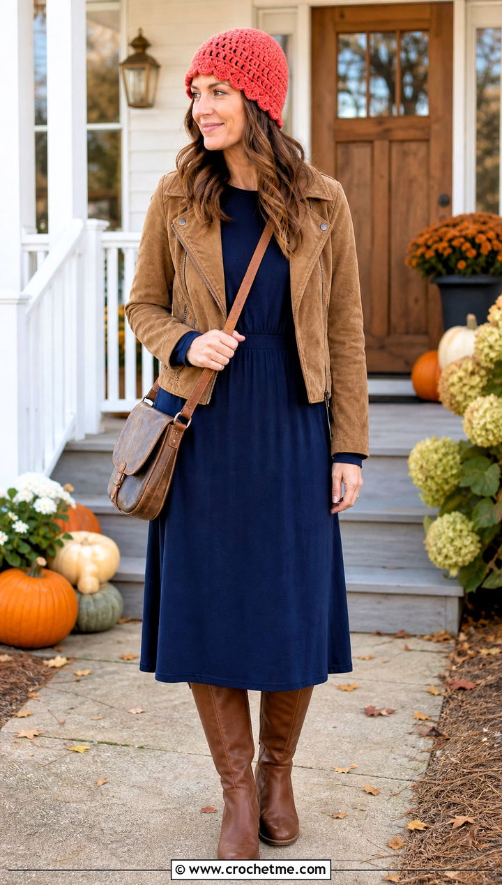 Scalloped Edge Crochet Beanie With Midi Dress - 35 cute crochet beanie outfit ideas
