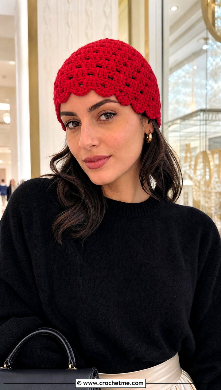 Scalloped Edge Crochet Beanie With Midi Skirt - 30 Quick Crochet Beanie outfit ideas