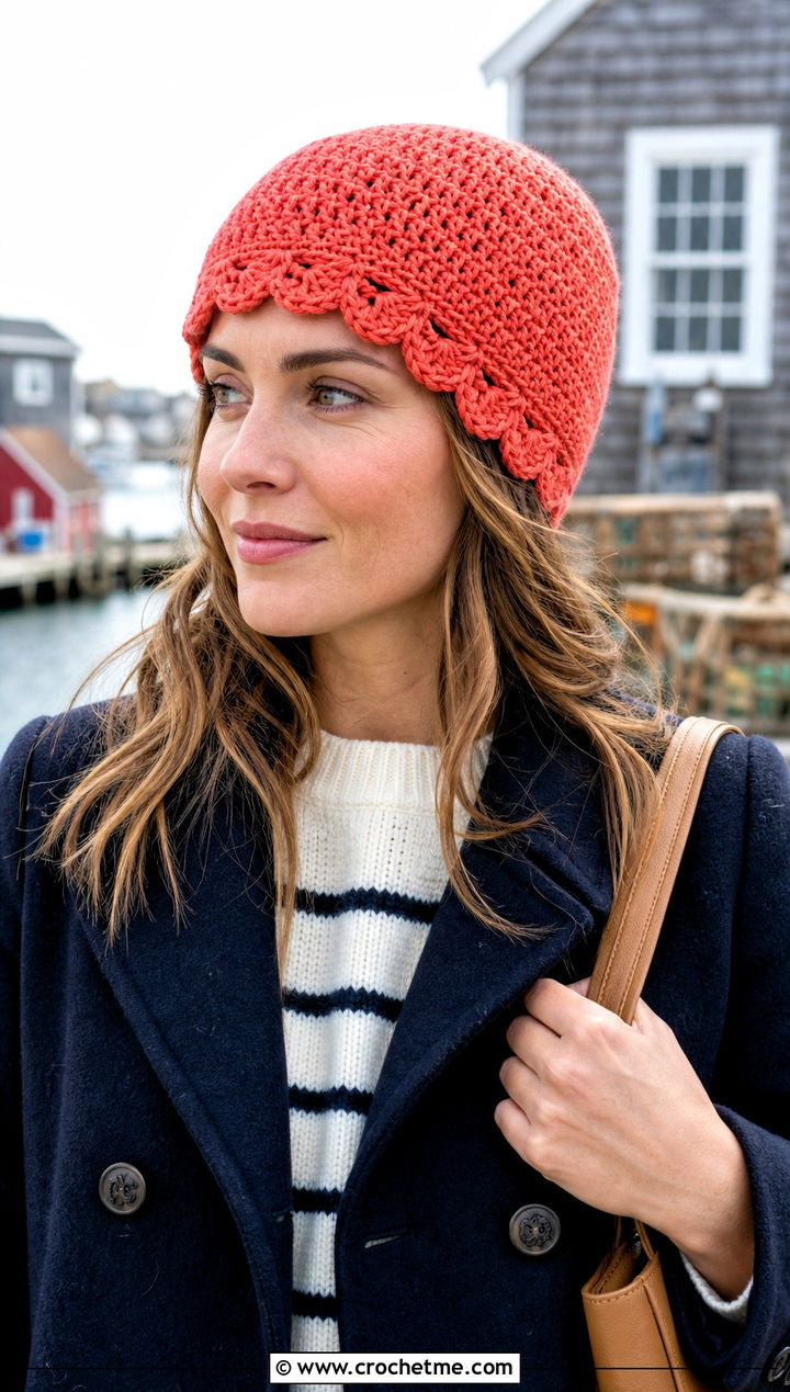 Scalloped Edge Crochet Beanie With Peacoat - 25 country cottage crochet beanie outfit ideas