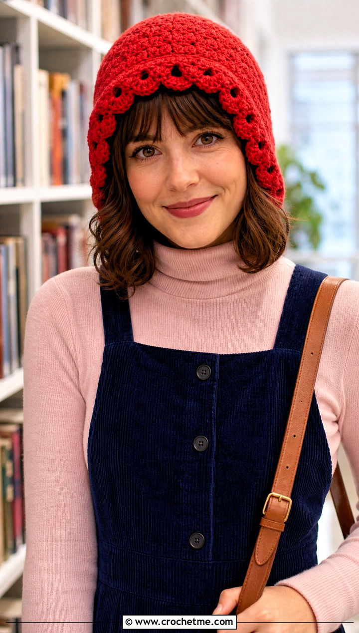 Scalloped Edge Crochet Beanie With Pinafore Dress - 35 basic crochet beanie outfit ideas