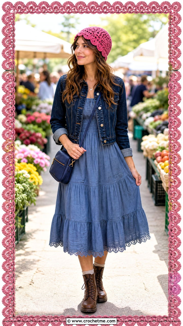 Scalloped Edge Crochet Beanie With Prairie Dress - 35 aesthetic crochet beanie outfit ideas