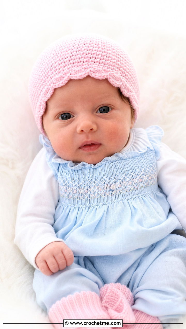 Scalloped Edge Crochet Beanie With Smocked Romper - 25 premie crochet beanie outfit ideas