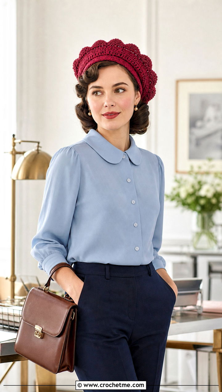 Scalloped Edge Crochet Beret With Peter Pan Collar Blouse And Trousers - 30 crochet berets outfit ideas