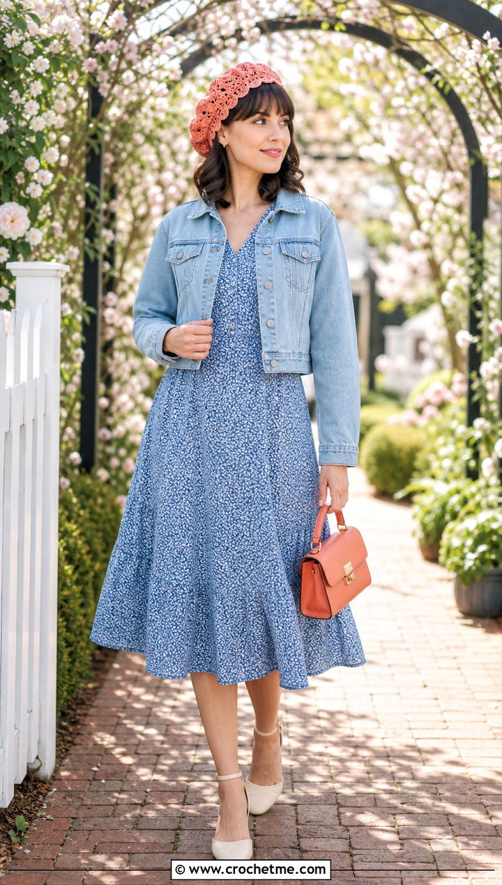 Scalloped Edge Crochet Beret With Tea Dress - 35 easy crochet beret outfit ideas