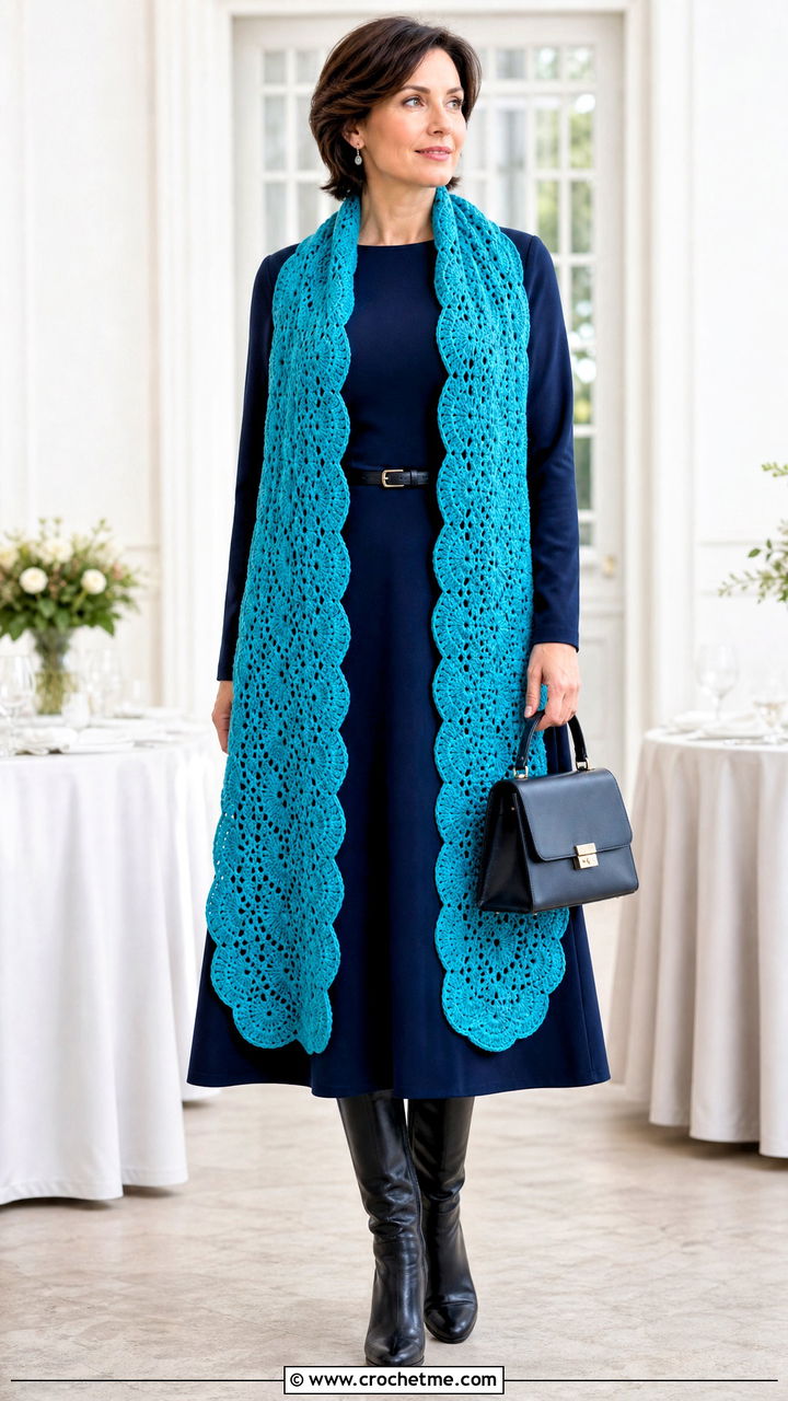 Scalloped Edge Crochet Blanket Scarf With A Line Dress - 35 crochet blanket scarf outfit ideas