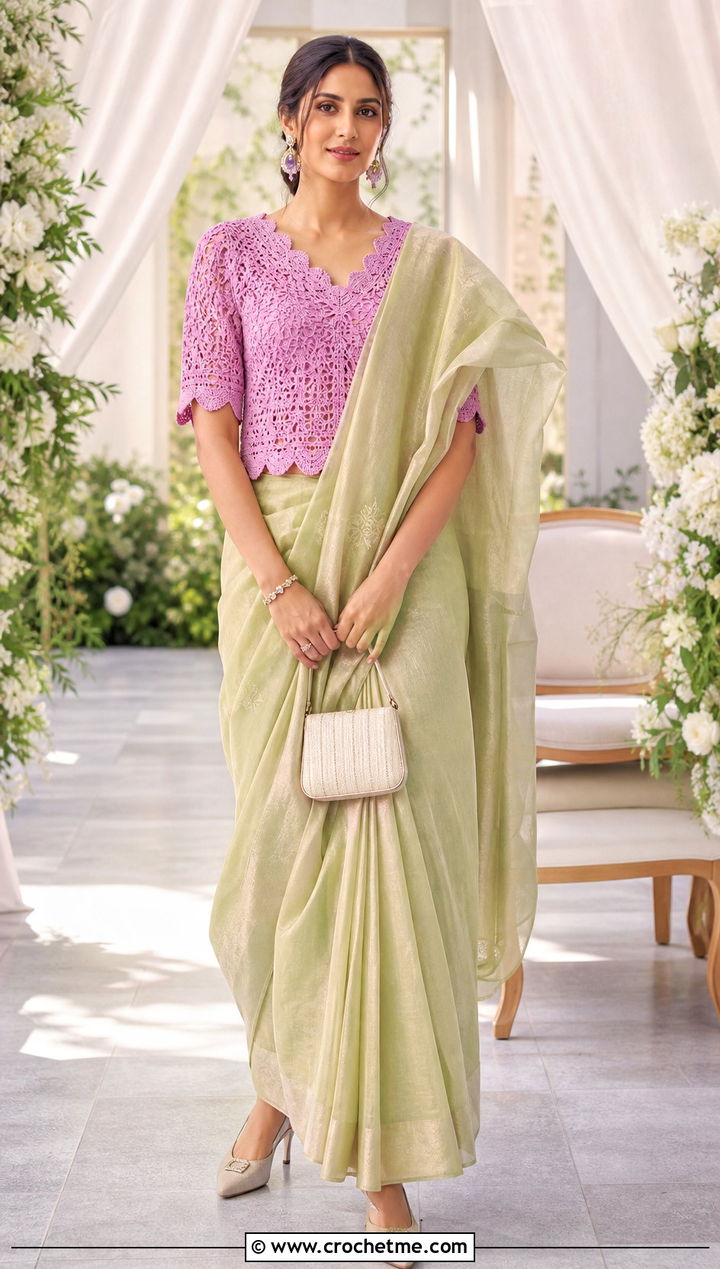 Scalloped Edge Crochet Blouse With Chanderi Saree - 35 Crochet Blouse For Saree outfit ideas