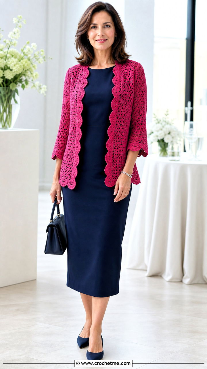 Scalloped Edge Crochet Bog Jacket With Column Dress - 35 Crochet Bog Jacket outfit ideas