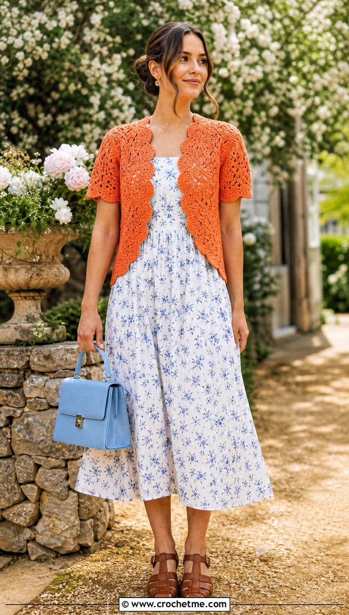 Scalloped Edge Crochet Bolero With Floral Dress - 15 crochet spring summer bolero outfit ideas