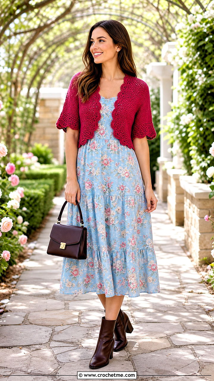 Scalloped Edge Crochet Bolero With Floral Dress - 35 crochet bolero outfit ideas