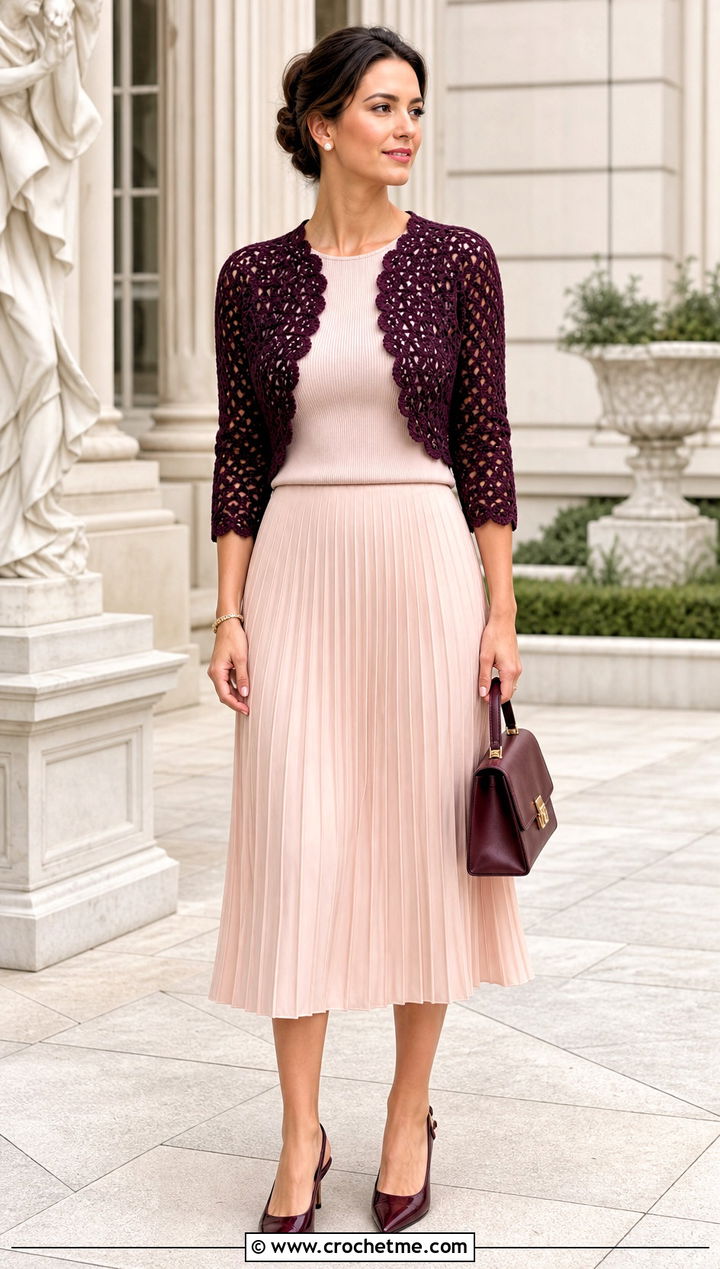 Scalloped Edge Crochet Bolero With Pleated Midi Skirt - 20 Crochet Bolero Sweater outfit ideas