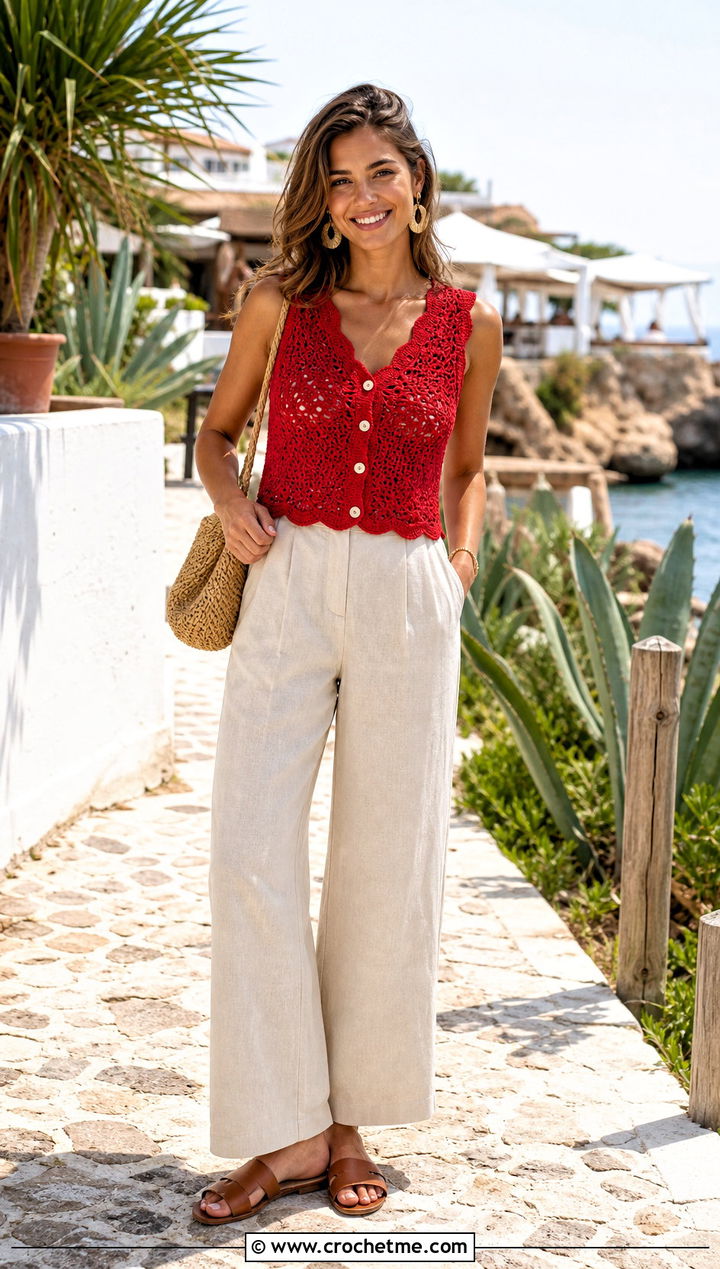 Scalloped Edge Crochet Button Vest With Linen Pants - 35 crochet button vest outfit ideas