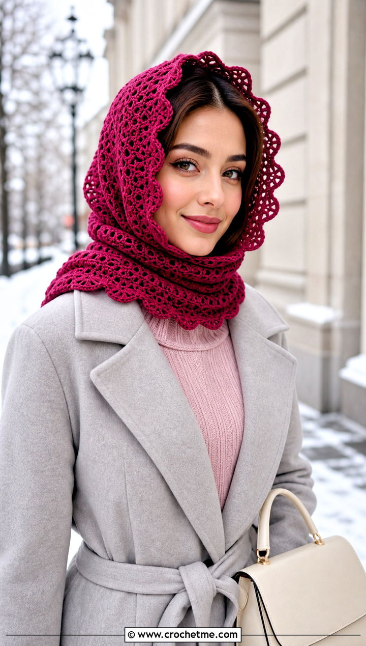 Scalloped Edge Crochet Cap Scarf With Belted Coat - 25 Crochet Cap Scarf outfit ideas