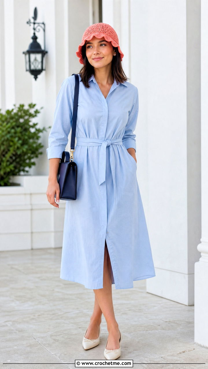 Scalloped Edge Crochet Cap With Shirt Dress And Flats - 35 crochet caps outfit ideas