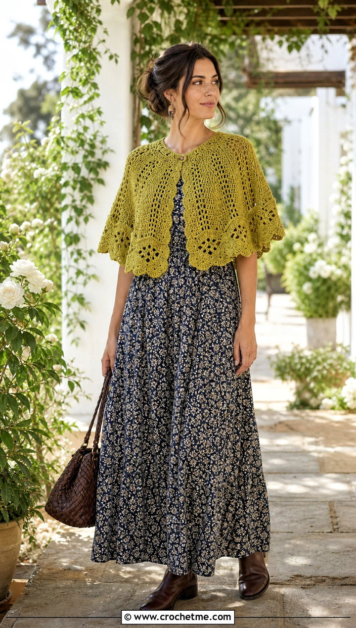 Scalloped Edge Crochet Capelet With Floral Maxi Dress - 15 Outlander Crochet Capelet outfit ideas