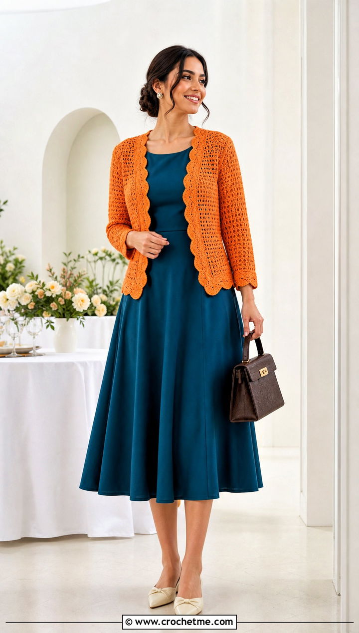 Scalloped Edge Crochet Cardigan With A Line Dress - 35 ladies crochet cardigan outfit ideas