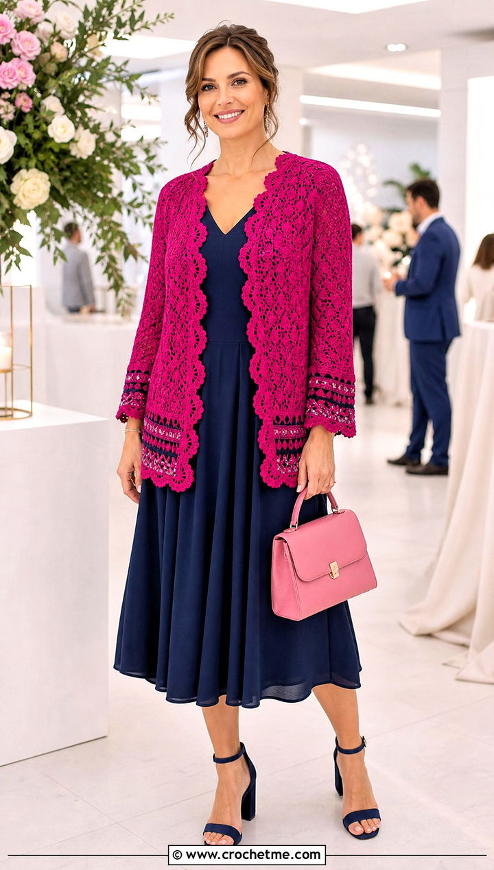 Scalloped Edge Crochet Cardigan With A Line Dress - 30 fast crochet cardigan outfit ideas