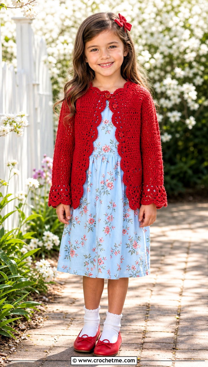 Scalloped Edge Crochet Cardigan With Floral Dress - 25 Childs Crochet Cardigan outfit ideas