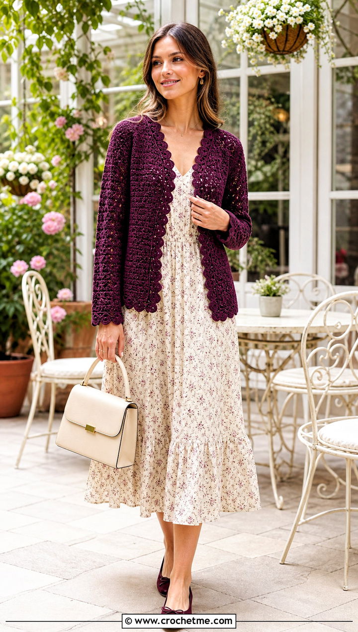 Scalloped Edge Crochet Cardigan With Floral Midi Dress - 25 lightweight crochet cardigan outfit ideas