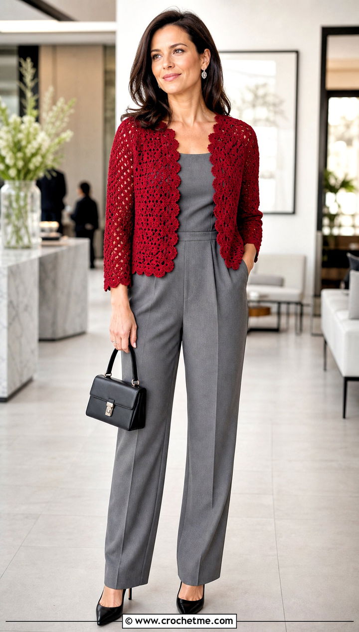 Scalloped Edge Crochet Cardigan With Tailored Jumpsuit - 20 crochet for ladies cardigans outfit ideas