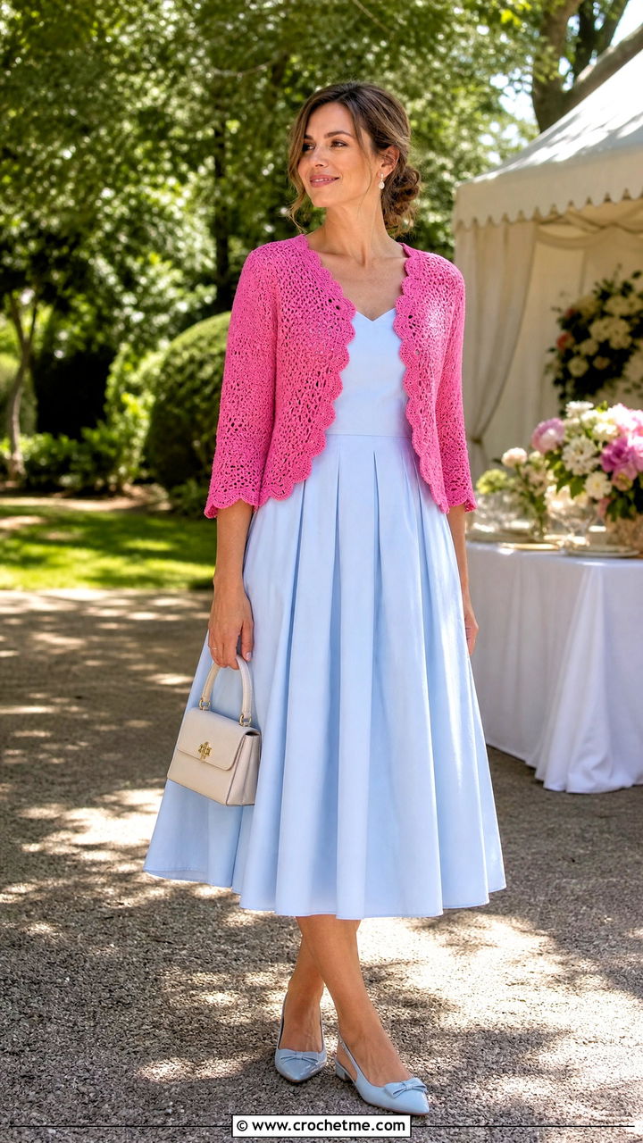 Scalloped Edge Crochet Cardigan With Tea Dress - 35 crochet cardigan for women outfit ideas