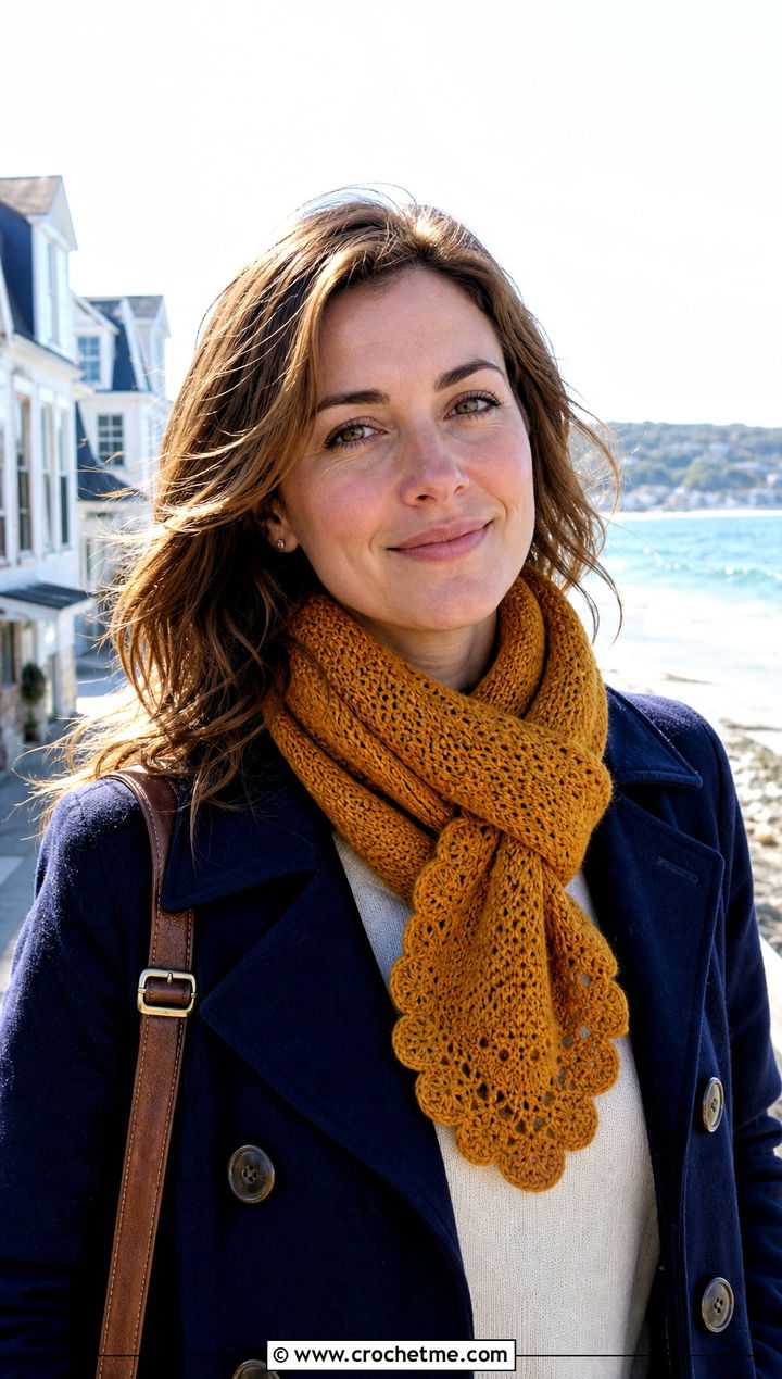 Scalloped Edge Crochet Cashmere Scarf With Peacoat - 25 crochet cashmere scarf outfit ideas