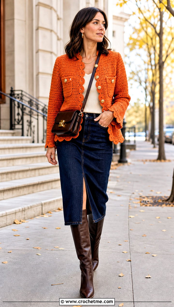 Scalloped Edge Crochet Chanel Jacket With Denim Midi Skirt - 30 crochet chanel jacket outfit ideas
