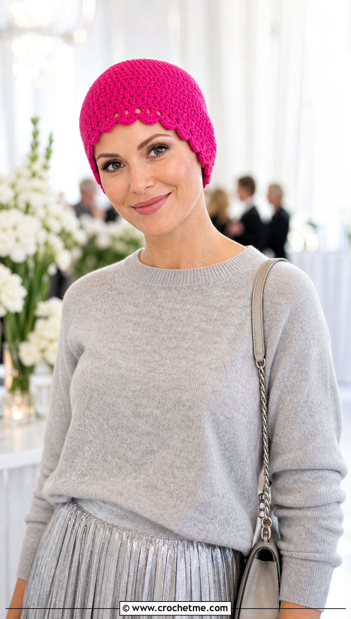 Scalloped Edge Crochet Chemo Cap With Pleated Skirt - 20 Easy Crochet Chemo Hats outfit ideas