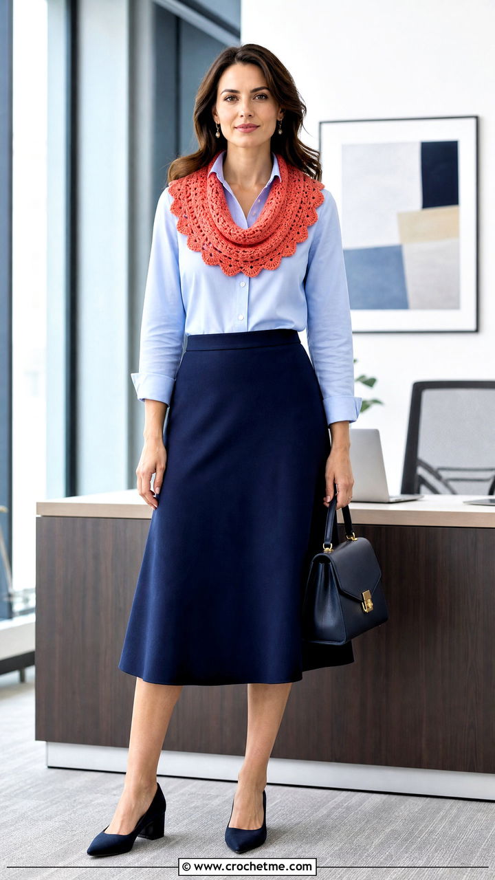 Scalloped Edge Crochet Cowl Scarf With Blouse And Skirt - 35 crochet cowell scarf outfit ideas