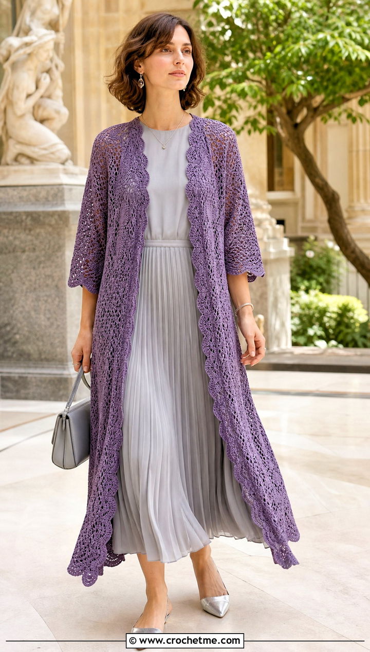 Scalloped Edge Crochet Duster With Pleated Dress - 35 crochet long coat outfit ideas