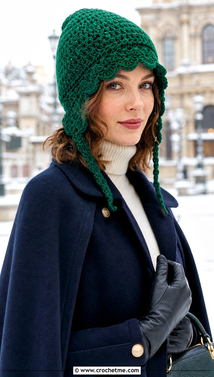 Scalloped Edge Crochet Ear Flap Hat With Cape Coat - 30 crochet adult ear flap hat outfit ideas