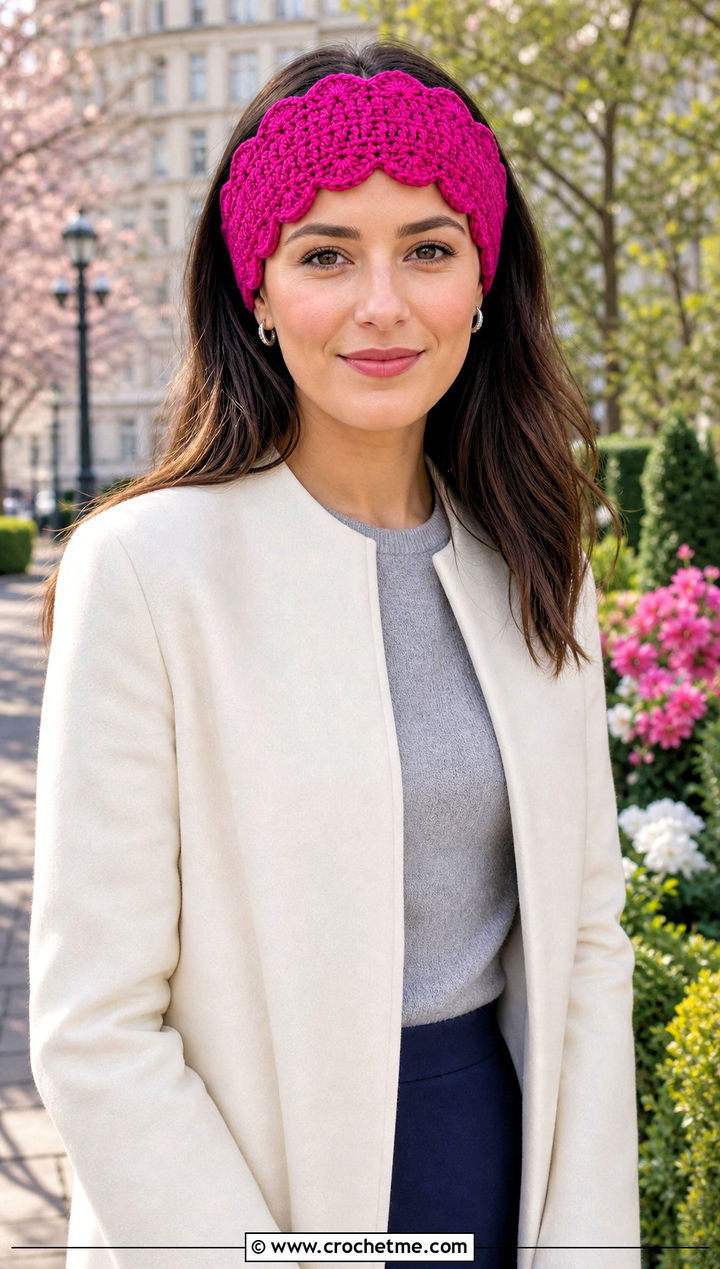 Scalloped Edge Crochet Ear Warmer With Collarless Coat - 30 crochet ear warmer headband outfit ideas
