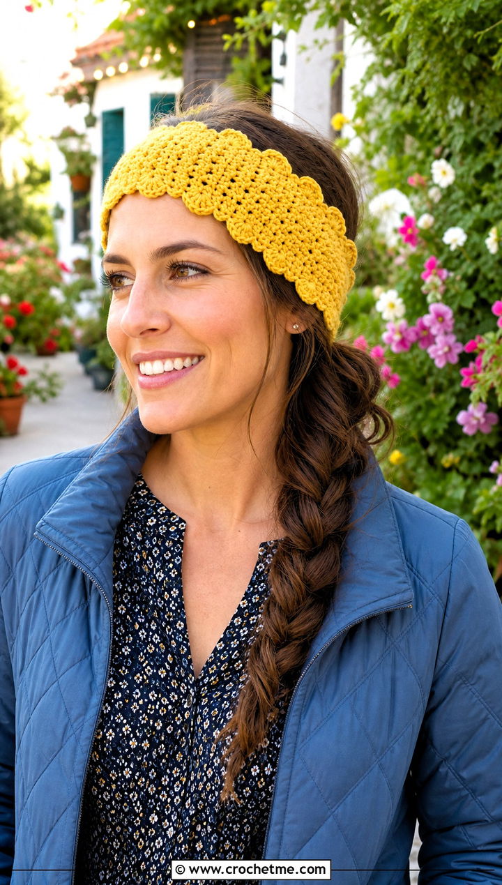 Scalloped Edge Crochet Ear Warmer With Quilted Jacket And Maxi Dress - 15 Easy Crochet Headband Ear Warmers outfit ideas