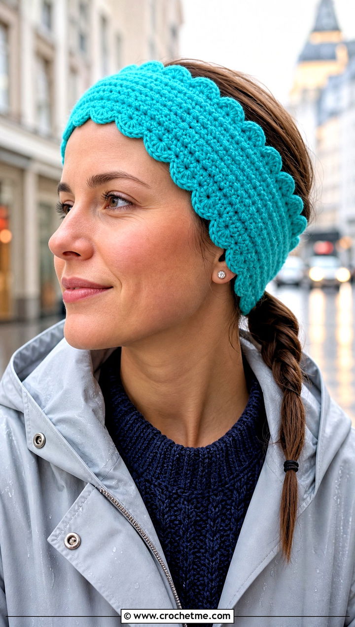 Scalloped Edge Crochet Ear Wrap With Raincoat - 20 crochet ear wrap outfit ideas