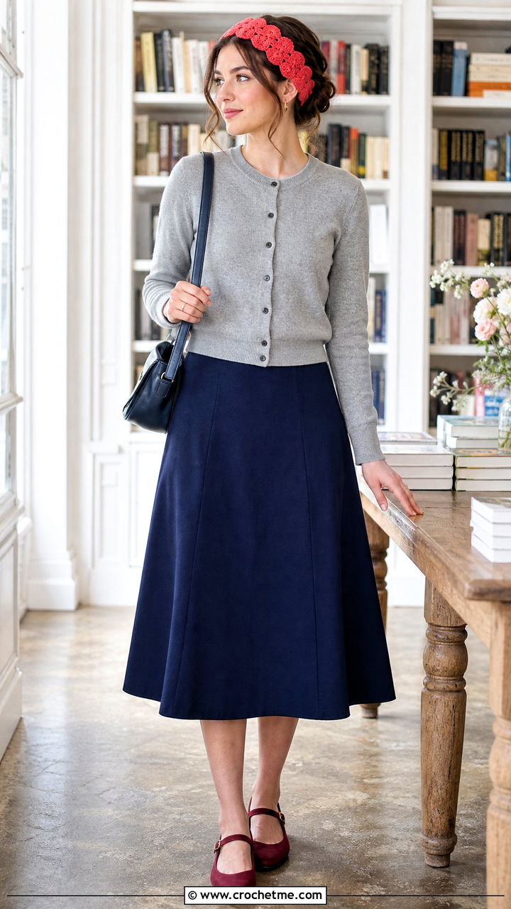 Scalloped Edge Crochet Earwarmer With Cardigan And Midi Skirt - 35 crochet earwarmer outfit ideas