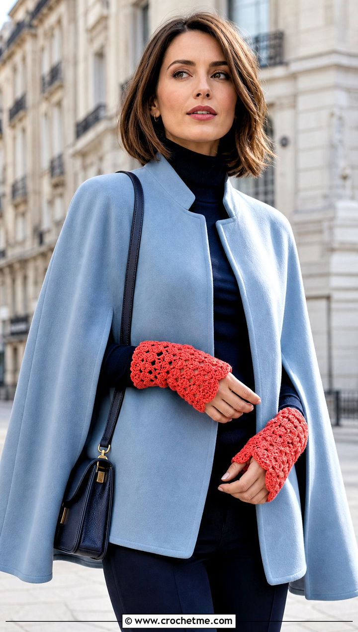 Scalloped Edge Crochet Fingerless Mitts With Cape Coat - 25 Crochet Fingerless Mitts outfit ideas