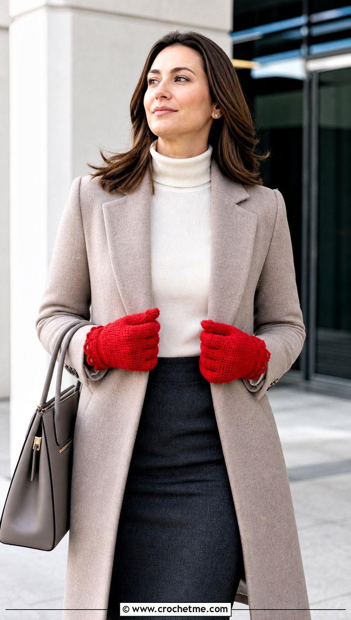 Scalloped Edge Crochet Gloves With Pencil Skirt - 25 Crochet For Fingerless Gloves outfit ideas