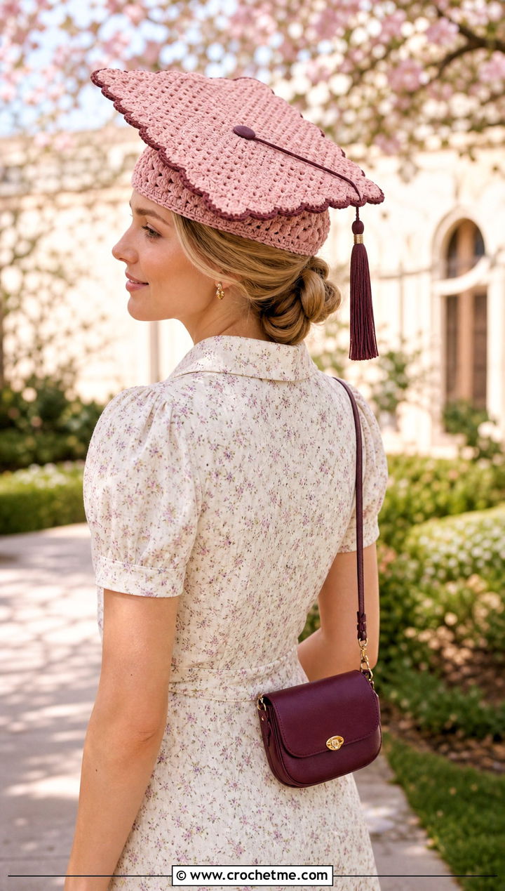Scalloped Edge Crochet Graduation Cap Cover With Tea Dress - 30 crochet graduation cap cover outfit ideas