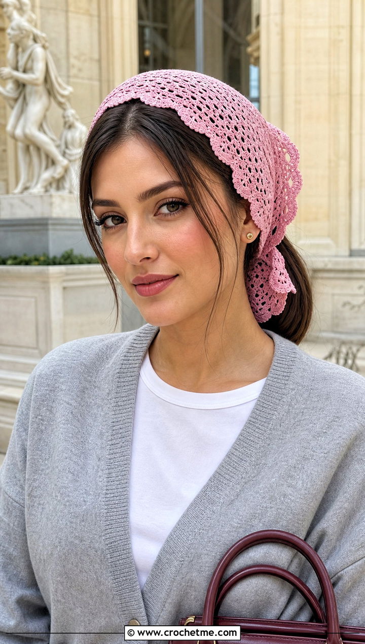 Scalloped Edge Crochet Hair Scarf With Cardigan - 15 Crochet Hair Scarf Ideas