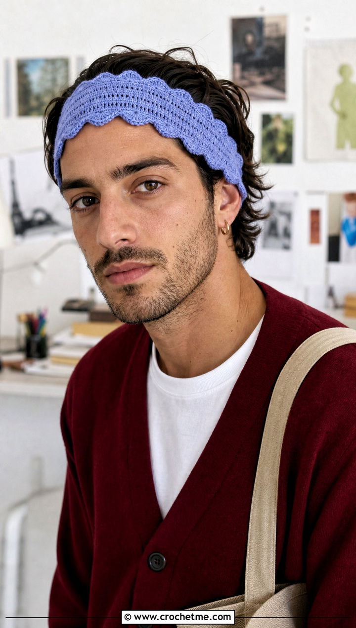 Scalloped Edge Crochet Headband With Cardigan - 25 men's crochet headband outfit ideas