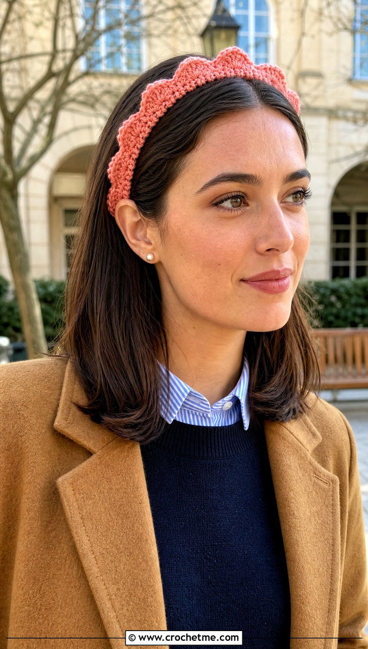 Scalloped Edge Crochet Headband With Preppy Outfit - 25 Easy Crochet Winter Headband outfit ideas