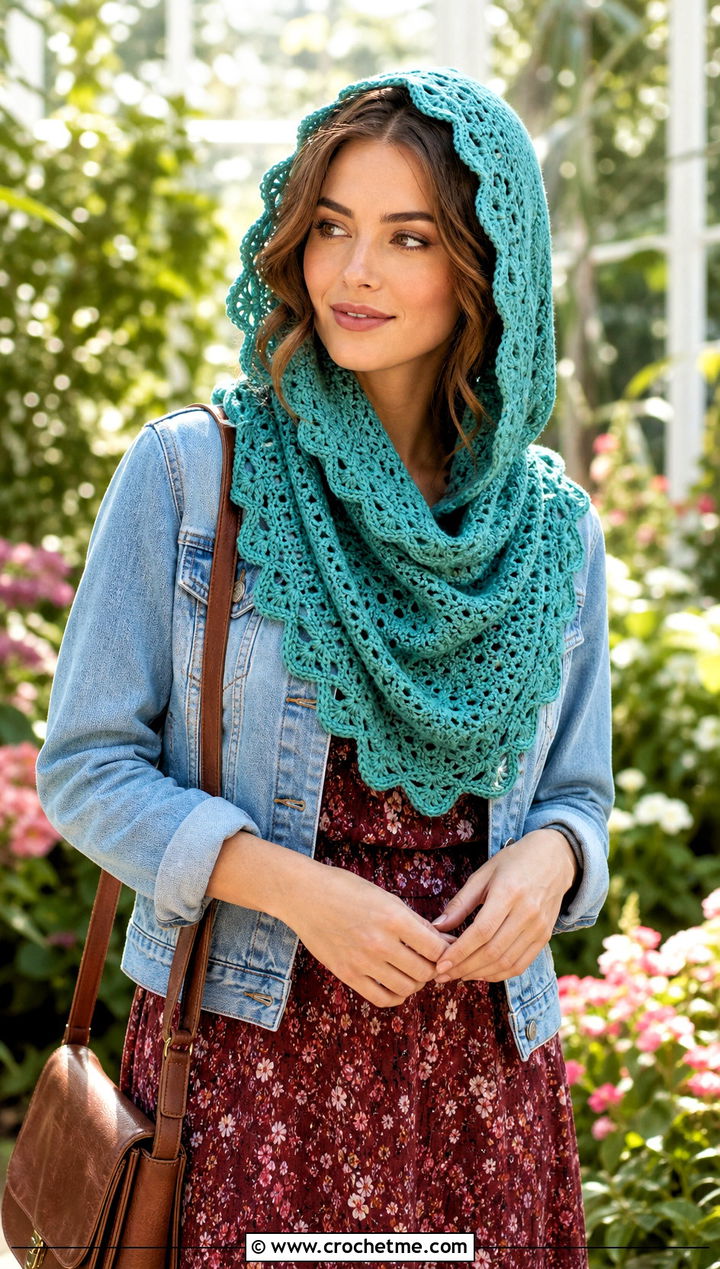Scalloped Edge Crochet Hooded Cowl With Floral Dress - 30 easy crochet hooded cowl outfit ideas