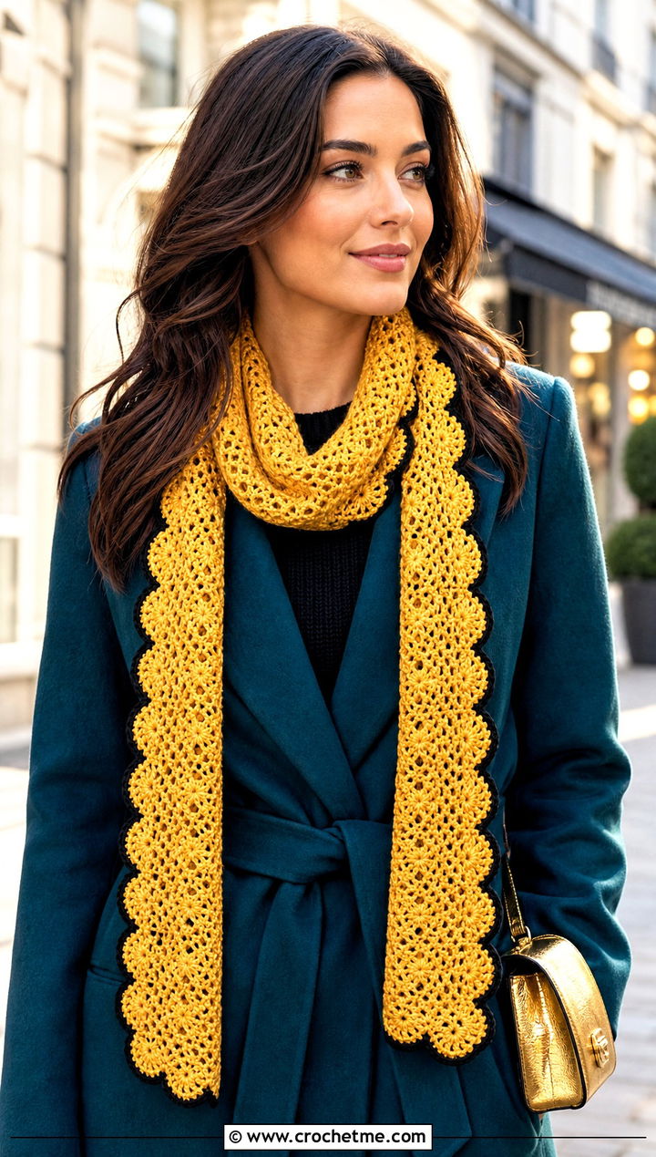 Scalloped Edge Crochet Hufflepuff Scarf With Wrap Coat - 30 crochet hufflepuff scarf outfit ideas