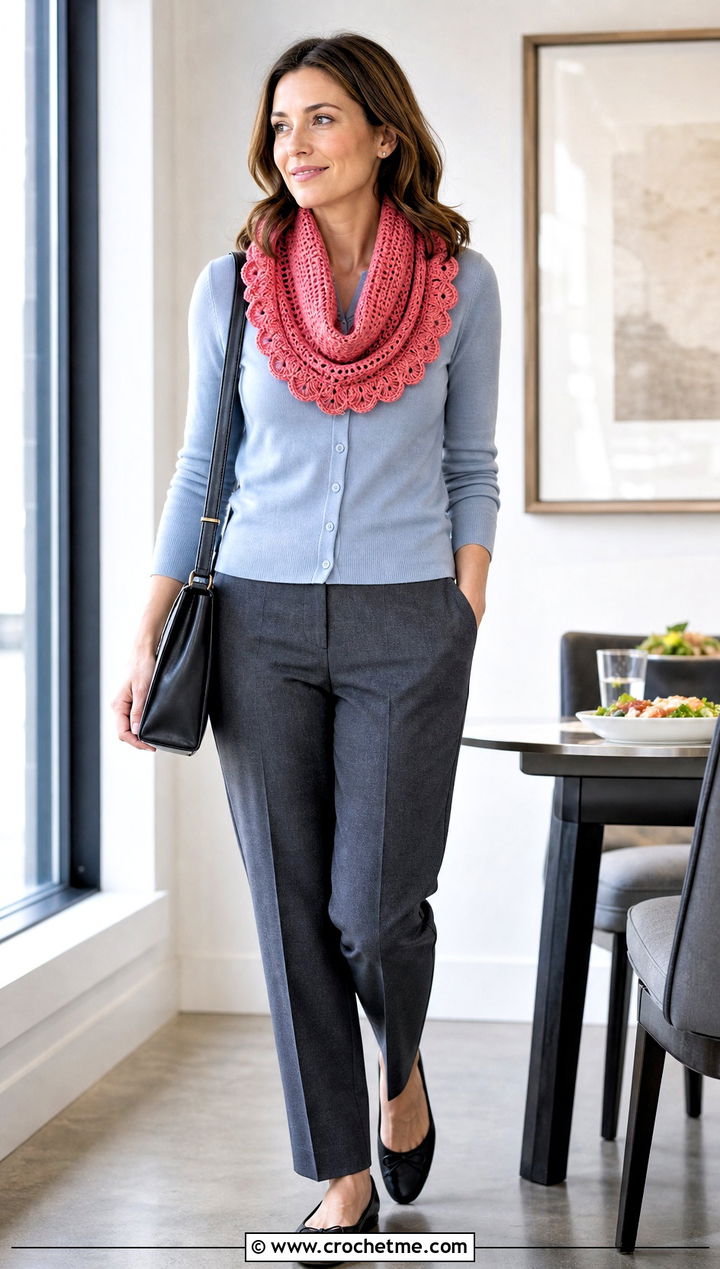 Scalloped Edge Crochet Infinity Scarf With Cardigan And Trousers - 30 crochet infinity scarves outfit ideas