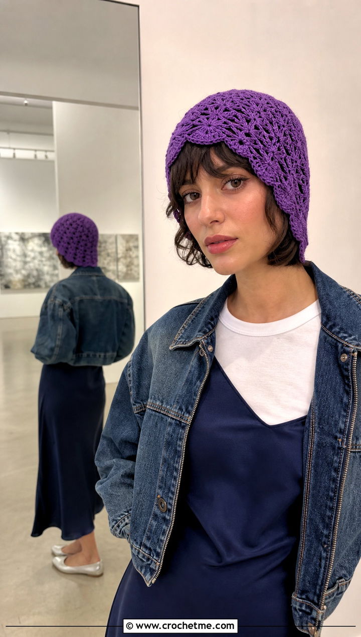 Scalloped Edge Crochet Lace Beanie With Slip Dress - 30 crochet lace beanie outfit ideas