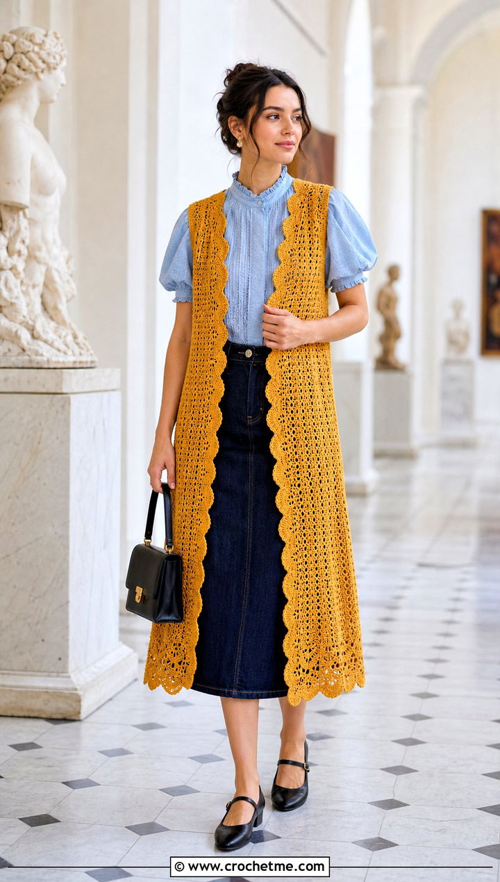 Scalloped Edge Crochet Long Vest With A Denim Midi Skirt - 25 Easy Crochet Long Vest outfit ideas